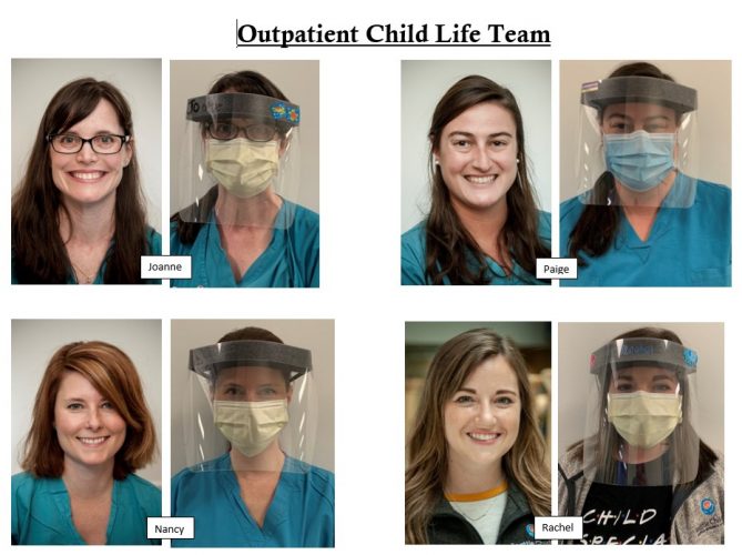 Four photos that show child life providers with COVID isolation gear on and without