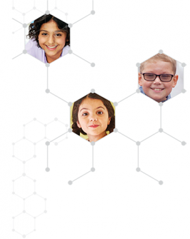 a beehive like graphic with three children's pictures in it