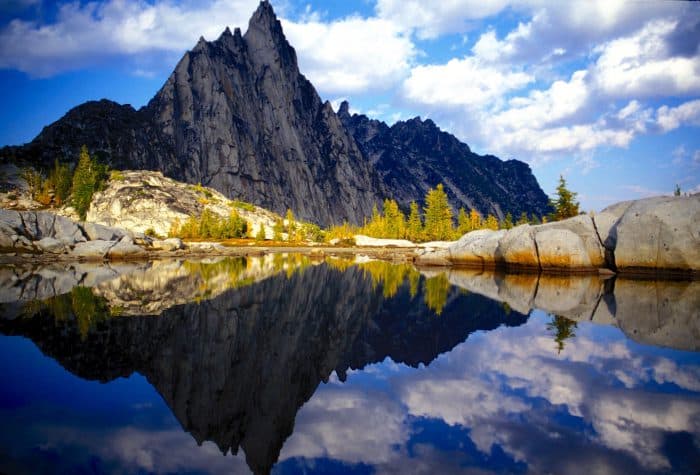 Mountain reflecting in a high altitude lake.