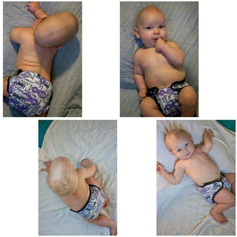 Four pictures of babies on beds