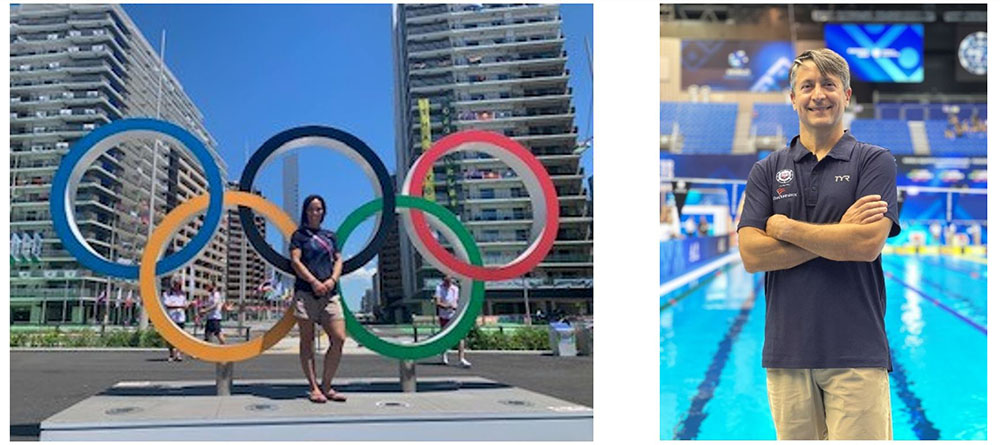 A woman stands in front of Olympic rings (left); a man stands in front of a swimming pool (right)