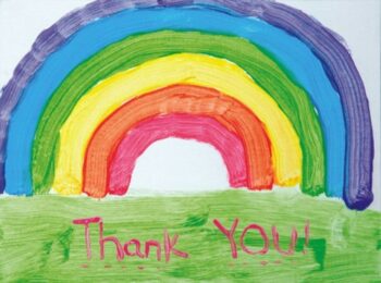 A hand drawn rainbow with Thank You! underneath