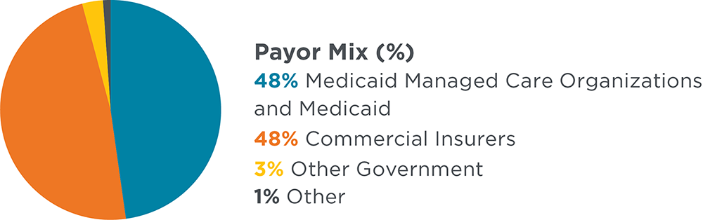 A pie chart showing Seattle Children's payor mix for fiscal year 2023