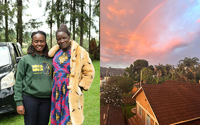 Two women pose for the camera (left); A sunset over palm trees (right)