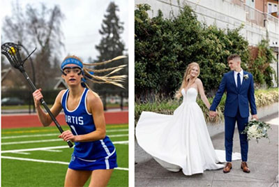 A young woman playing lacrosse (left) and in a wedding photo (right)