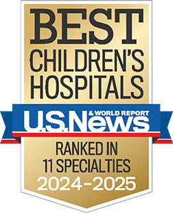 US News and World Reports badge that reads "Best Children's Hospitals, Ranked in 11 Specialties, 2024-2025"