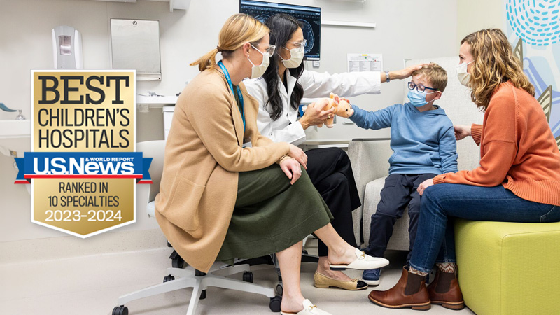 U.S. News and World Report Best Children's Hospitals, Ranked in 10 Specialties Badge, 2023-2024, with photo of patient, mother, and provider