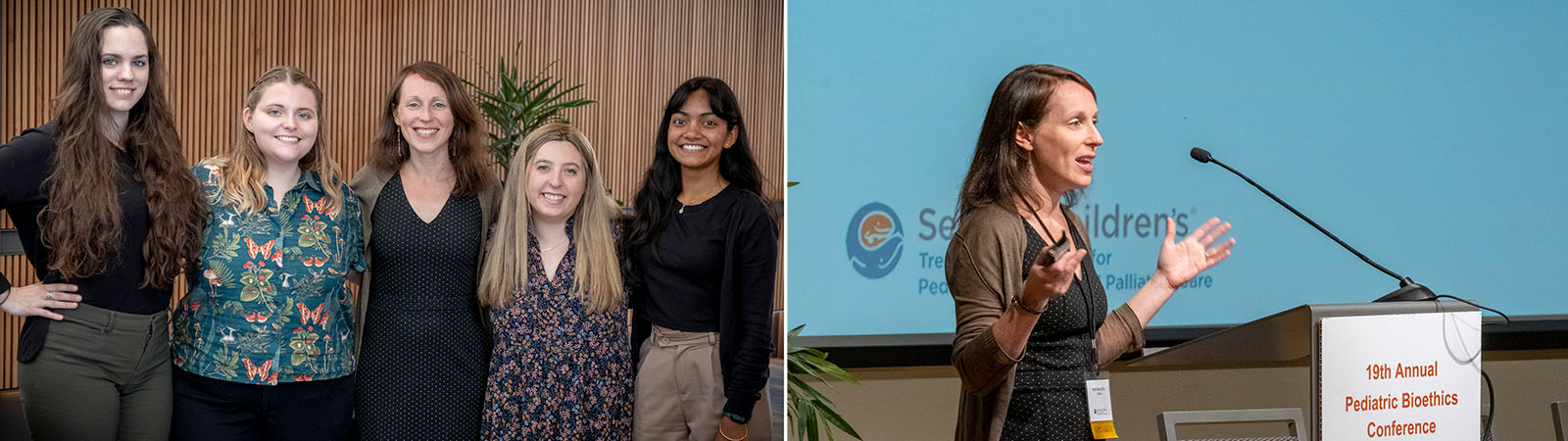 Members of the MacDuffie Lab pose for a picture (left); Dr. Macduffie presents at the Pediatric Bioethics Conference (right)